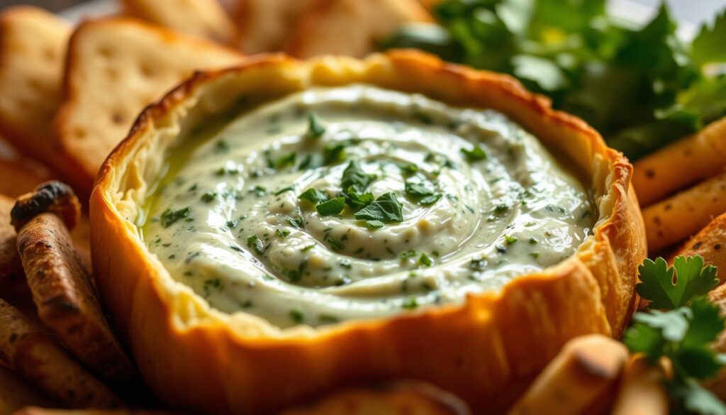 A creamy, rich spinach dip nestled in a crisp bread bowl, surrounded by a variety of dippable delights. The dip's lush, verdant hue contrasts beautifully with the golden-brown bread crust. Garnished with a sprinkle of chopped parsley, it emanates an air of elegant simplicity. Soft lighting from above casts a warm glow, highlighting the dip's velvety texture. The image is captured from a slightly elevated angle, inviting the viewer to imagine reaching in and enjoying this irresistible party snack.