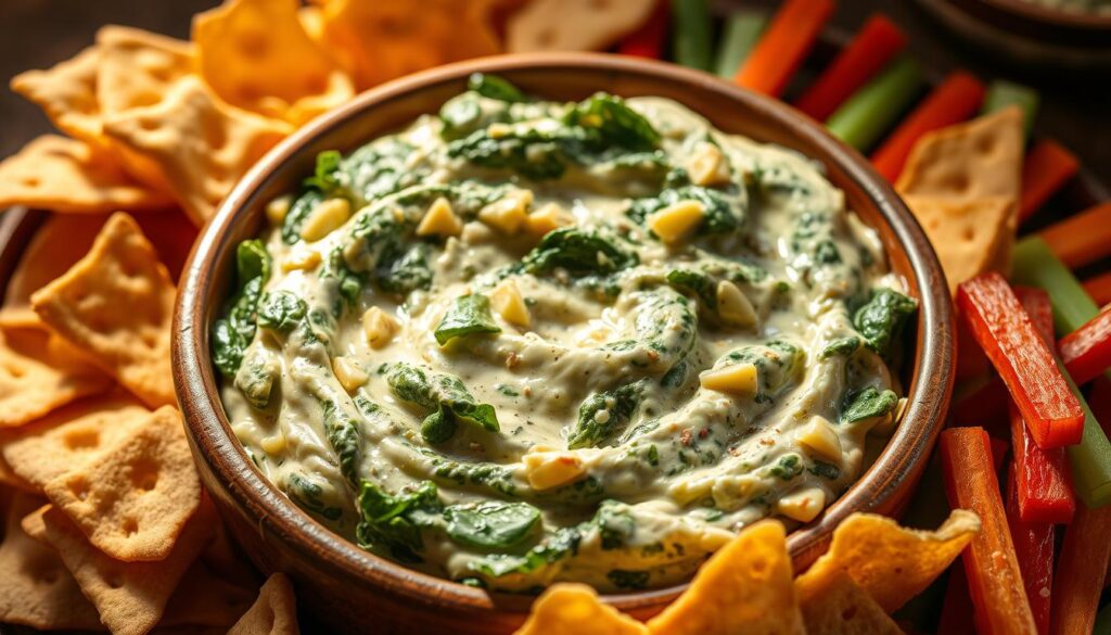 A rich, creamy spinach artichoke dip, freshly prepared in a rustic ceramic bowl. The vibrant green spinach leaves and tender artichoke hearts are perfectly balanced, with a hint of garlic and melted cheese throughout. Soft, golden pita chips and crisp, colorful vegetable sticks surround the dip, ready to be dipped and savored. The scene is bathed in warm, natural lighting, casting a cozy, inviting atmosphere perfect for a casual gathering or party setting. The overall presentation is both appetizing and visually appealing, capturing the essence of a classic and customizable party snack.