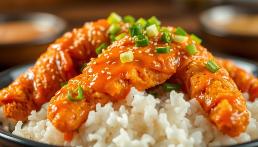 Crisp, golden-brown buffalo chicken tenders, glistening with a tantalizing sauce, nestled atop a bed of fluffy white rice. Garnished with vibrant green scallions and a sprinkle of toasted sesame seeds, casting a warm, inviting glow under soft, diffused lighting. Shot from a low angle, the tenders appear larger-than-life, beckoning the viewer to dig in and savor the perfect balance of spicy heat and rich, creamy flavor. The scene evokes a sense of comfort and satisfaction, making this dish a truly irresistible centerpiece for a complete, satisfying meal. Crisp, golden-brown buffalo chicken tenders, glistening with a tantalizing sauce, nestled atop a bed of fluffy white rice. Garnished with vibrant green scallions and a sprinkle of toasted sesame seeds, casting a warm, inviting glow under soft, diffused lighting. Shot from a low angle, the tenders appear larger-than-life, beckoning the viewer to dig in and savor the perfect balance of spicy heat and rich, creamy flavor. The scene evokes a sense of comfort and satisfaction, making this dish a truly irresistible centerpiece for a complete, satisfying meal.